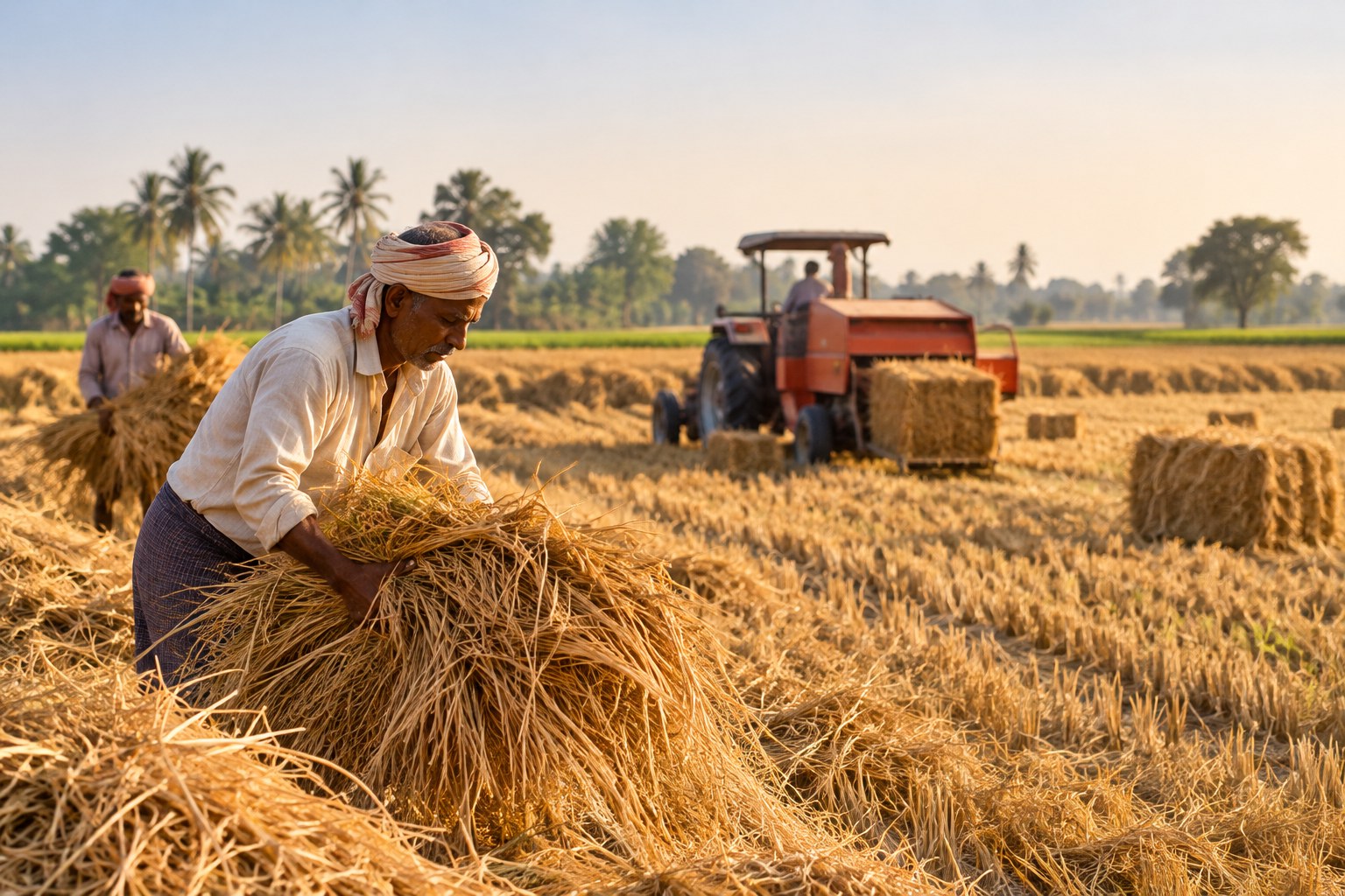 Indian rice farmers collecting harvested straw in a rice field